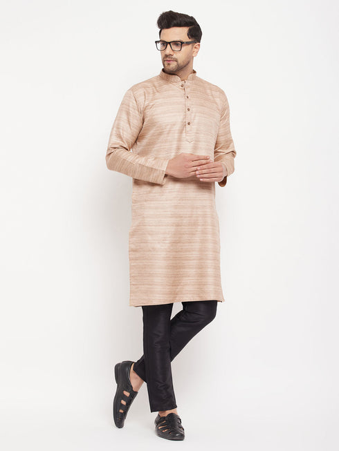 Vastramay Men's Beige Matka Silk Kurta and Black Pant Style Pyjama Set